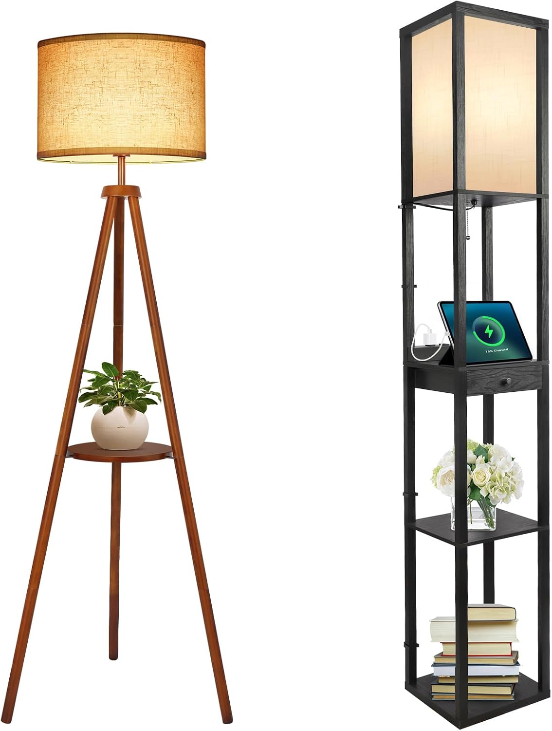 Wood Tripod Floor Lamp with Beige Linen Texture Shade R948234