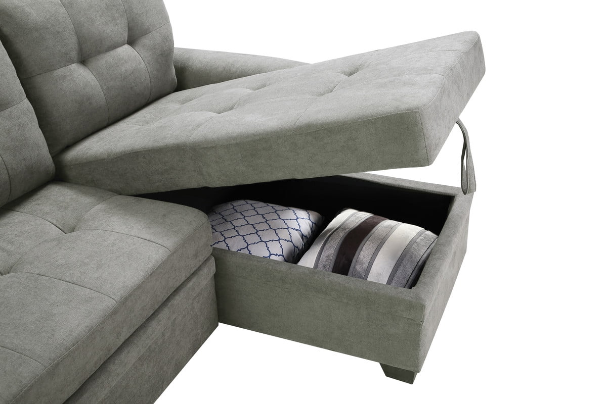Light Gray Fabric Reversible Sectional Sleeper Sofa Chaise with Storage F53394