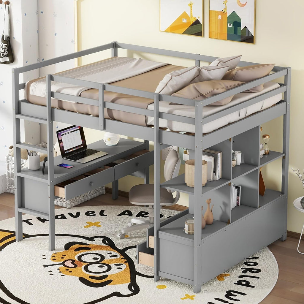 Full Size Solid Wood Loft Bed with Desk and 2 Drawers, Grey Q83593