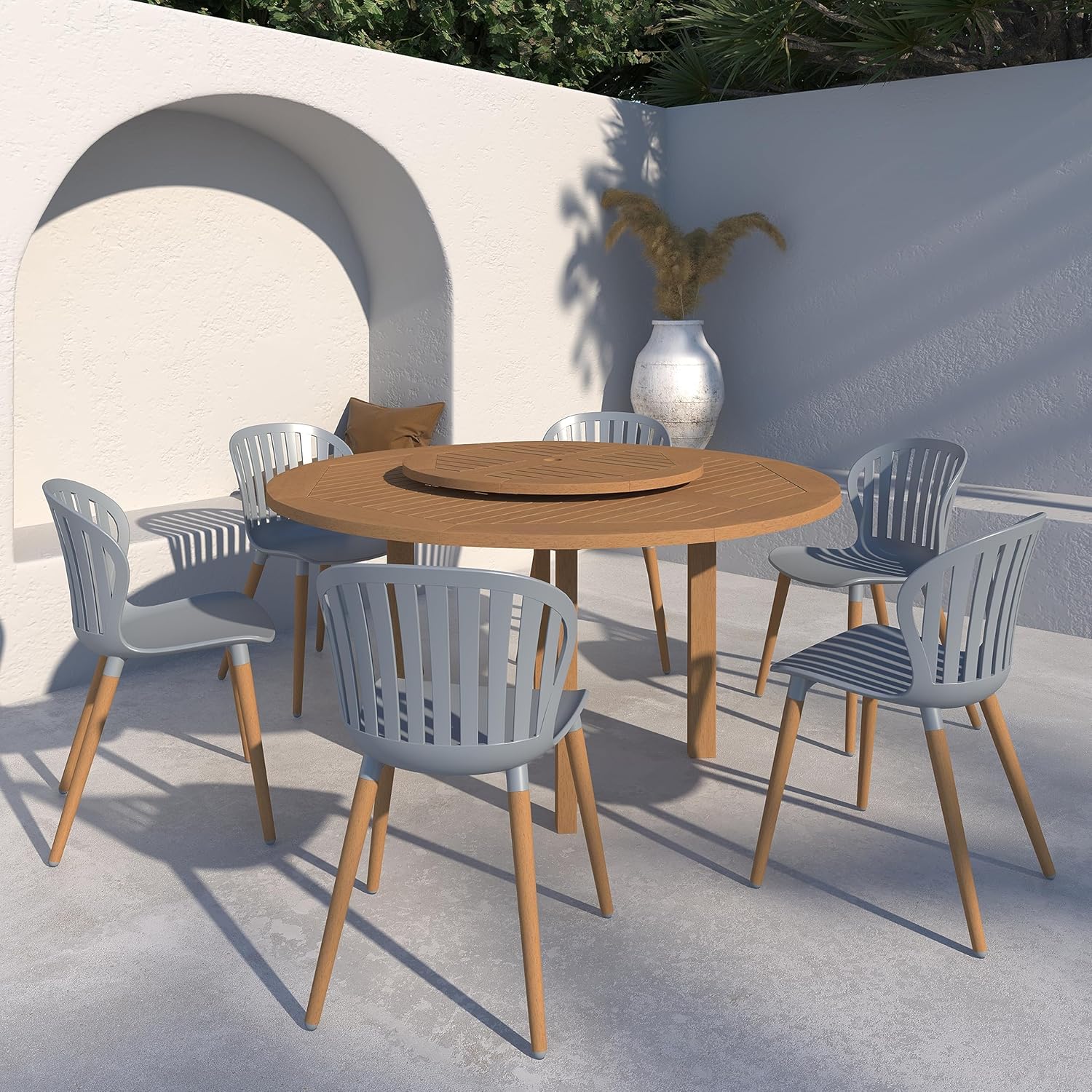 7-Piece Round Dining Set, Eucalyptus Wood, Brown O86405