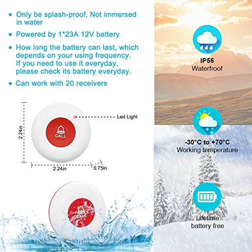 Wireless Caregiver Pager Call Button Emergency Alert System Waterproof Call Bell K1821