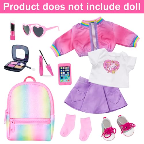 18 Inch Doll Clothes and Makeup Accessories Set with Rainbow Backpack O189