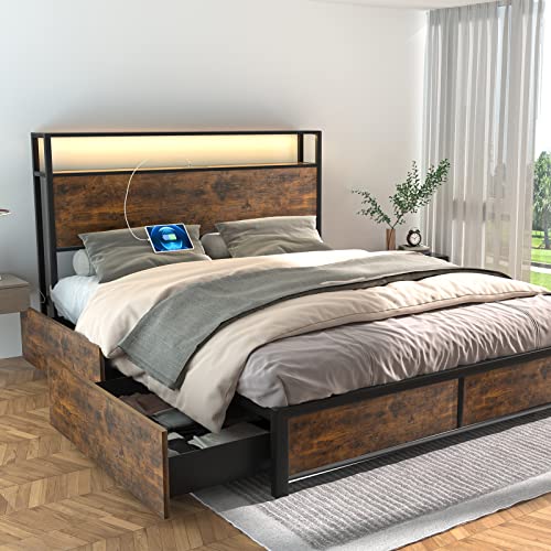 Full Size Metal Bed Frame with Storage Drawers, Rustic Brown M3743