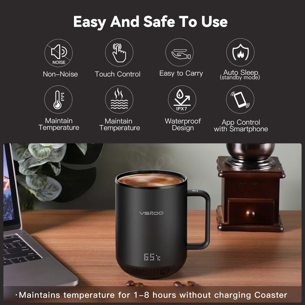 Black Self Heating Coffee Mug 10 oz with Lid F258