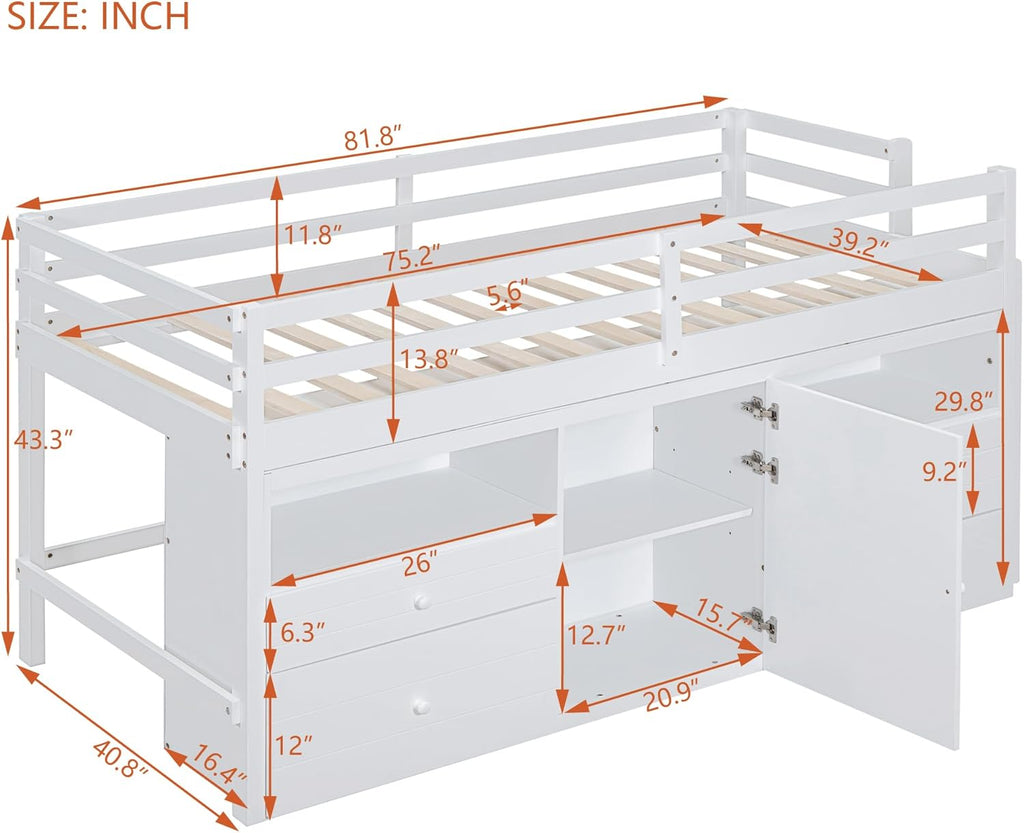 White Wooden Twin Size Loft Bed with 4 Drawers P6842