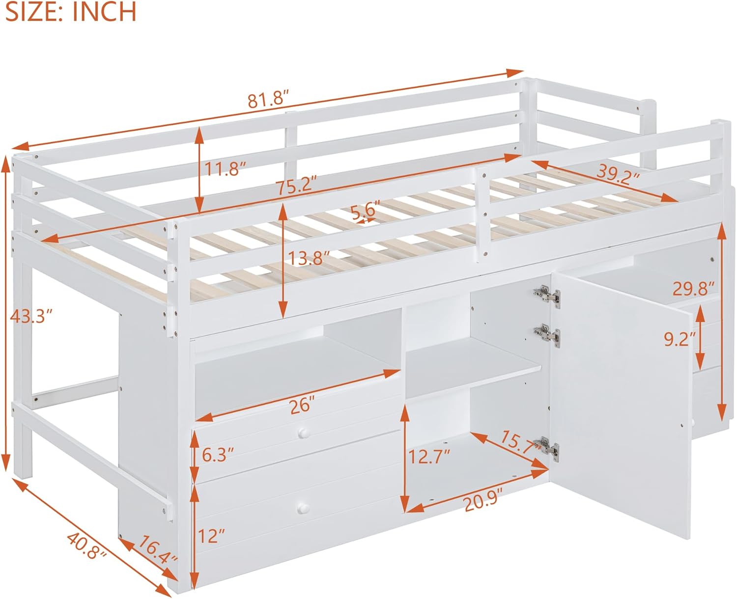White Wooden Twin Size Loft Bed with 4 Drawers P6842