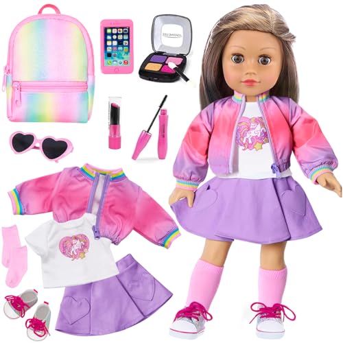 18 Inch Doll Clothes and Makeup Accessories Set with Rainbow Backpack O189