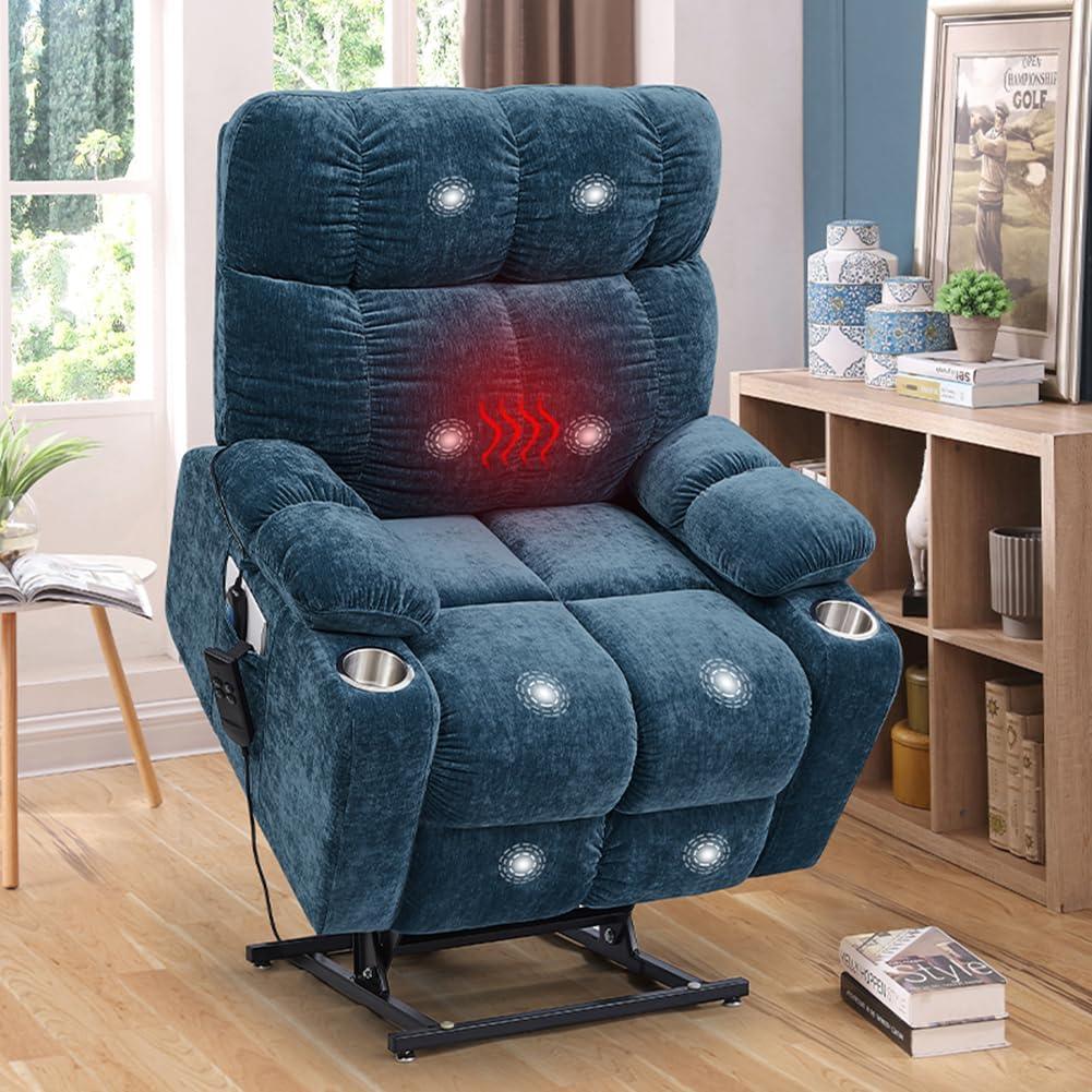 Blue Dual Motor Power Lift Recliner Chair with Remote Control Massage and Heat Cup Holder Y710