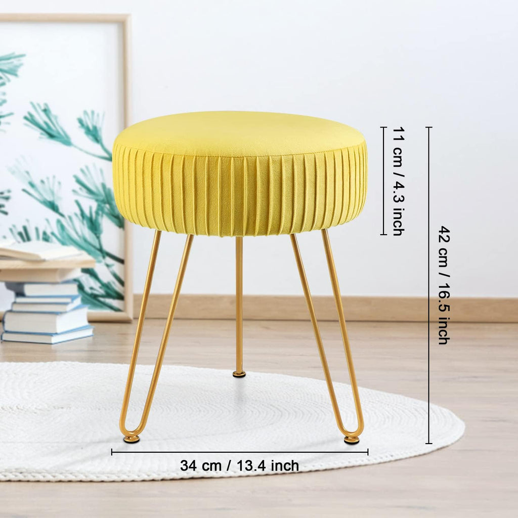 Yellow Velvet Round Vanity Chair with Golden Metal Legs K395