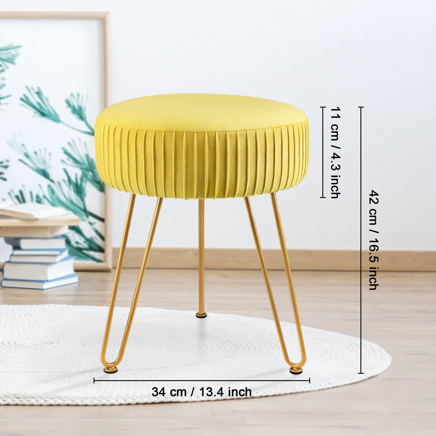 Yellow Velvet Round Vanity Chair with Golden Metal Legs K395