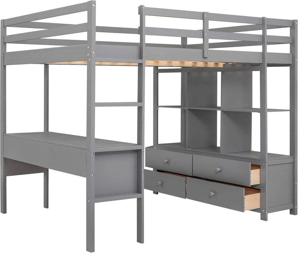 Full Size Solid Wood Loft Bed with Desk and 2 Drawers, Grey Q83593