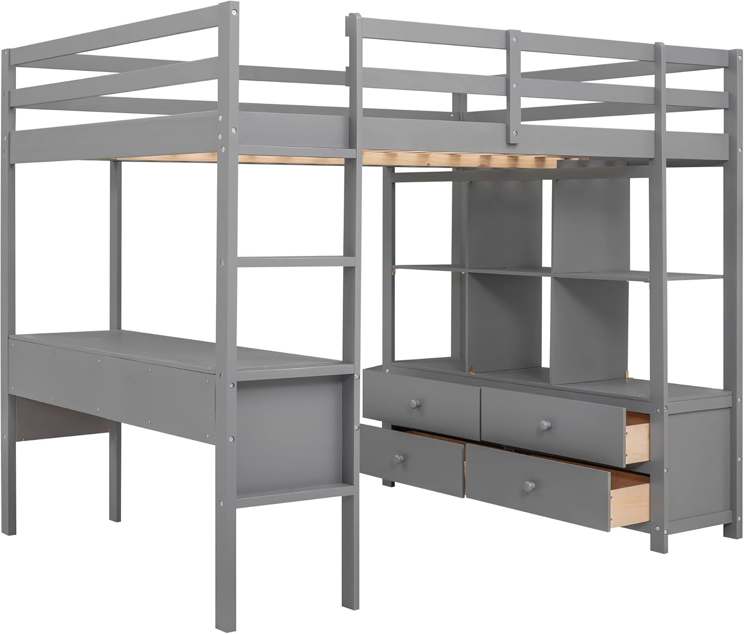 Full Size Solid Wood Loft Bed with Desk and 2 Drawers, Grey Q83593