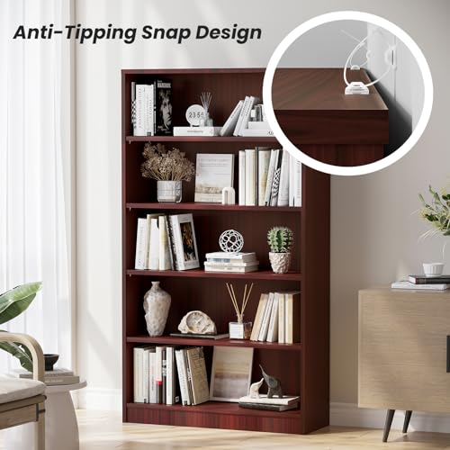 5 Shelf Wooden Bookcase, 60 Inch Height, Cherry L3639