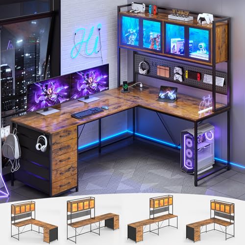 White L Shaped Gaming Desk with Drawers and Hutch T3222