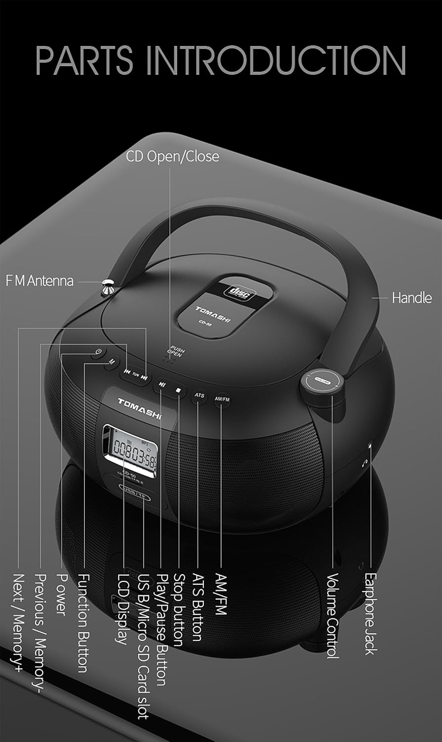 Black Portable CD Player Boombox F811