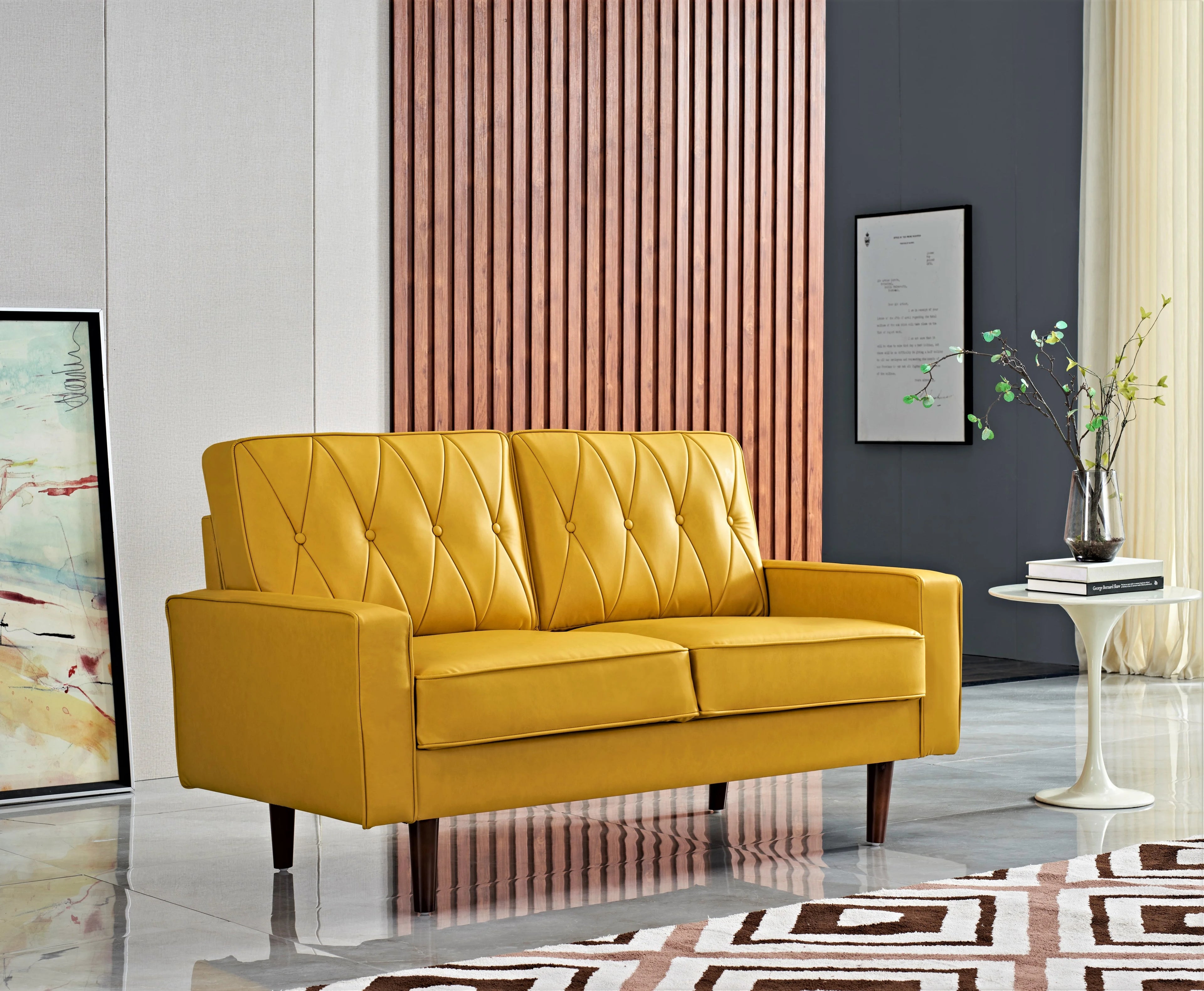Mustard Yellow Faux Leather Loveseat V2283