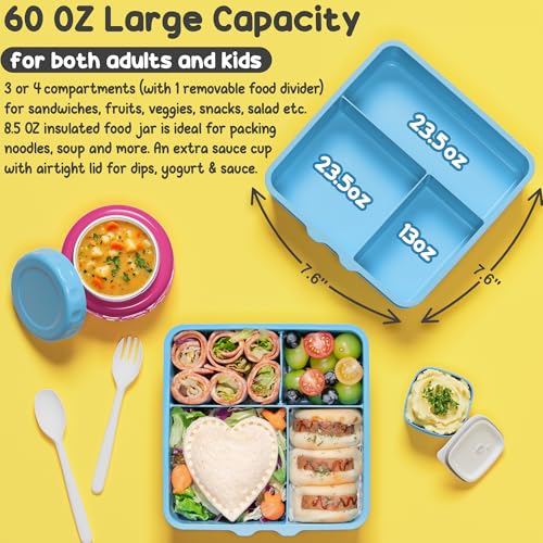 3-4 Compartment 60OZ Bento Box with Leakproof 8OZ Insulated Food Jar E540011