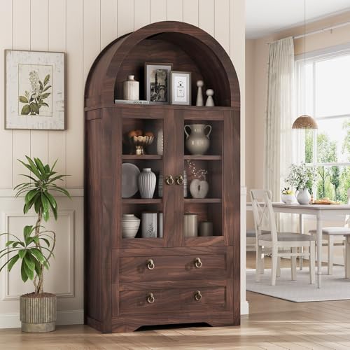 Brown Arched Bookshelf Pantry Storage Cabinet with Drawers Doors and Shelves I18228