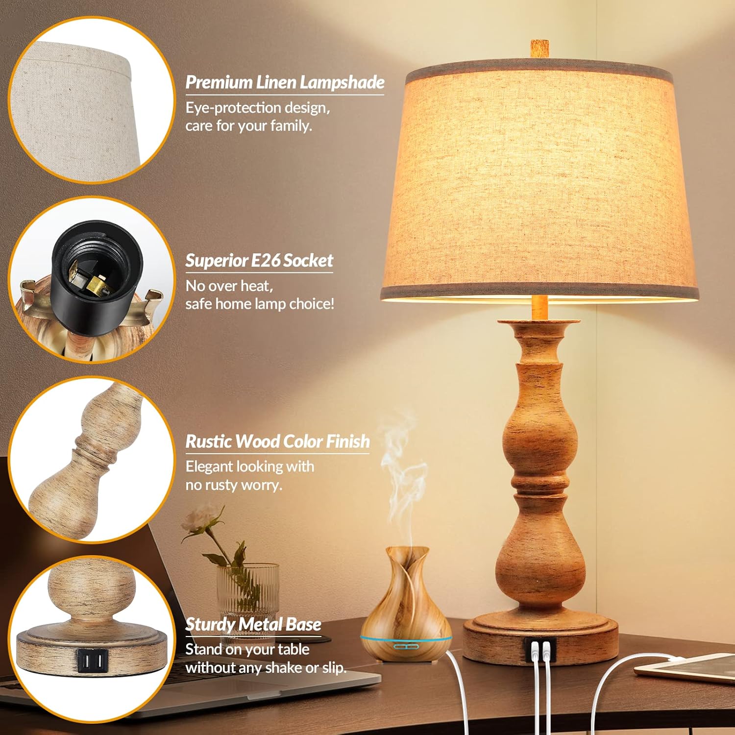 Set of 2 Touch Control Table Lamps with USB Ports, Cream Shades Y4023