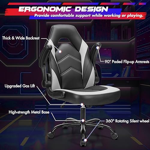 Black White Ergonomic PU Leather Swivel Desk Chair with Flip-up Armrest J9320