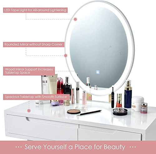 White Wooden Vanity Table Set with 3-Color Lighted Dimming Mirror, Cushioned Stool & 2 Sliding Drawer T611