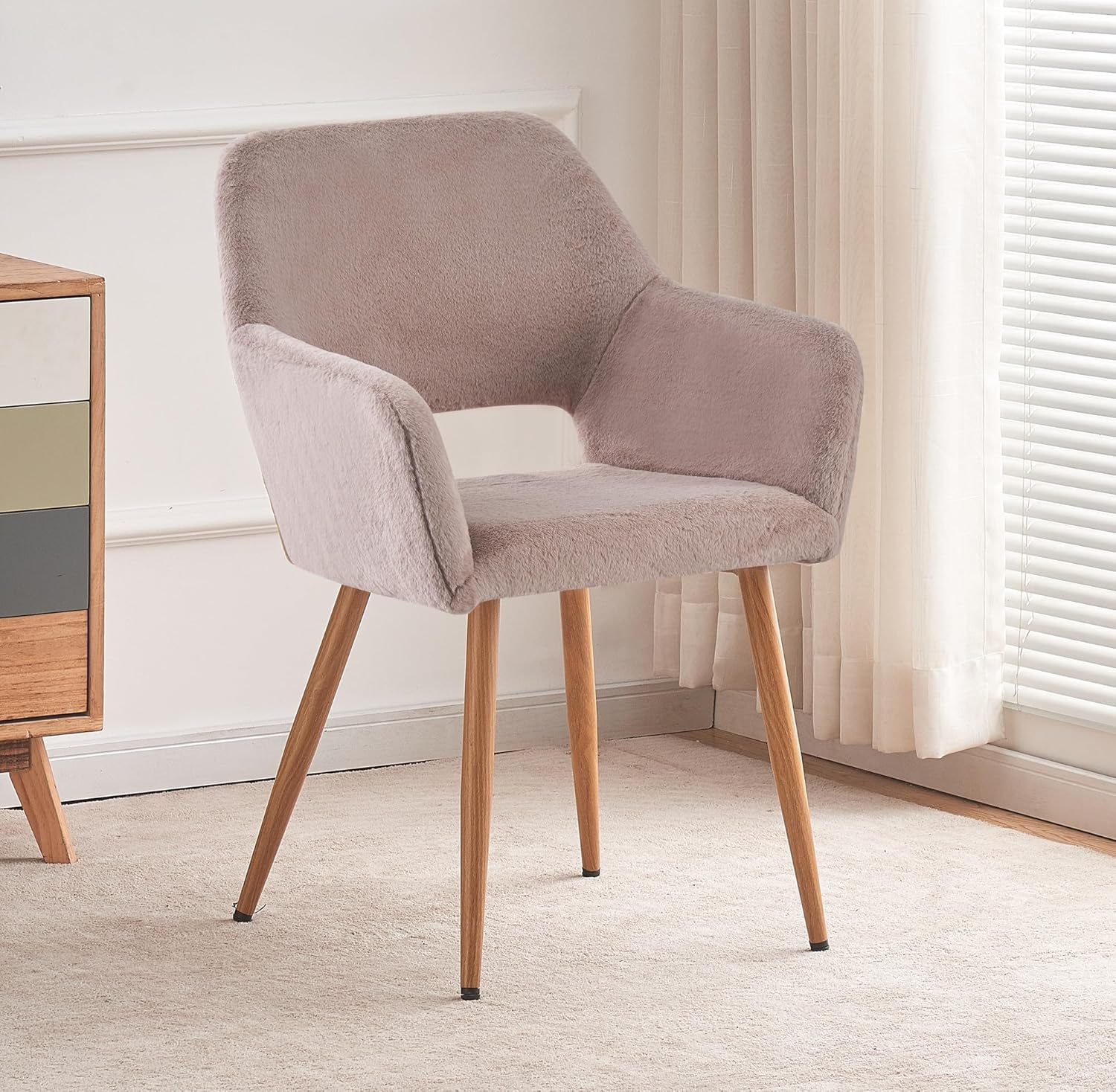 Grey Faux Fur Side Chair with Wood Metal Legs F804812