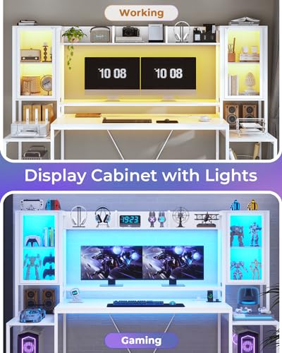 White 74.8'' Gaming Desk with LED Lights, Hutch and Storage Shelves I927581