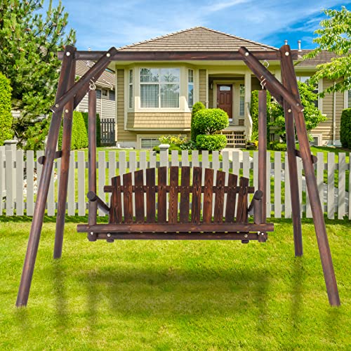 6.5' Outdoor Porch Swing Rustic Loveseat Solid Wooden Natural Log Garden Swing (Carbonized) W63206