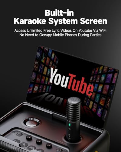 Smart Karaoke Machine with Lyrics Display, 32GB, 2 Wireless Mics, 300W Peak Power, 4 DJ Lights N14208