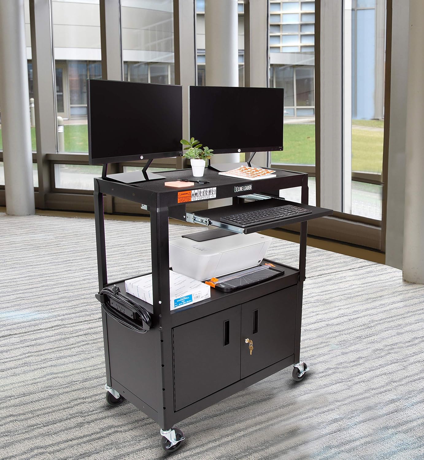 Large AV Cart with Locking Cabinet, Height Adjustable, Black H21904