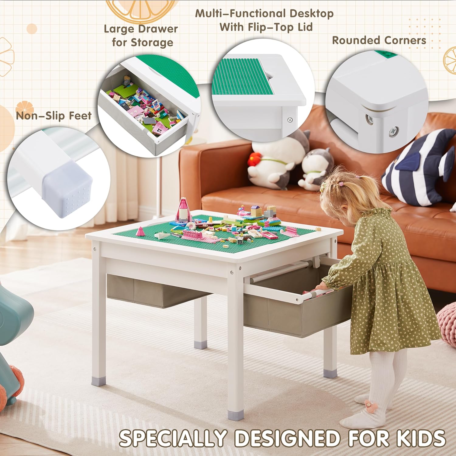 White Wooden Kids Table with Storage Drawers Z5115
