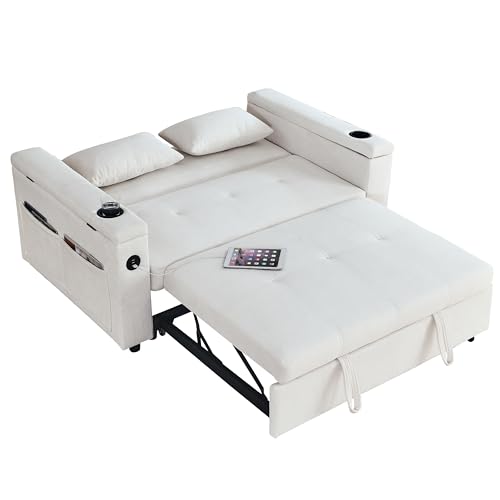 White Chenille 2-Seater Convertible Sofa Bed with USB Power Outlet N6575