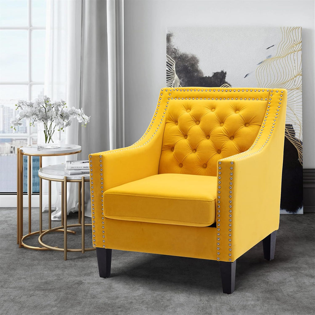 Yellow Velvet Accent Chairs with Wood Legs K86670