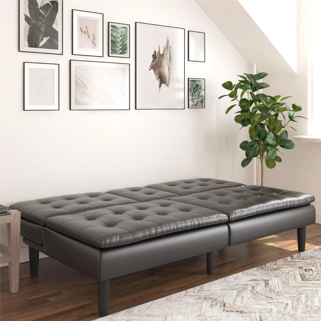 Black Faux Leather Memory Foam Futon with Cupholder and USB S276311