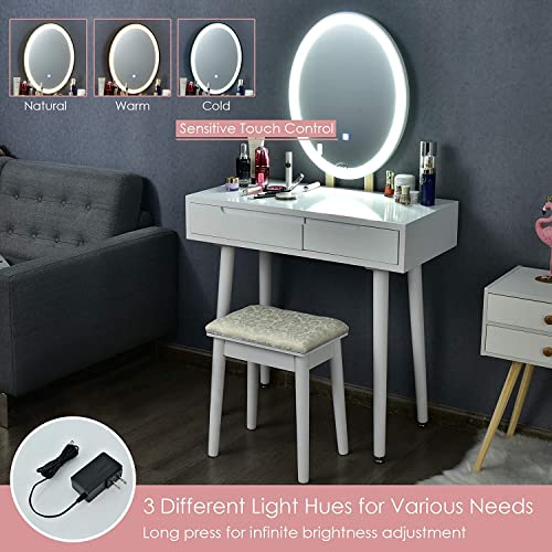 White Wooden Vanity Table Set with 3-Color Lighted Dimming Mirror, Cushioned Stool & 2 Sliding Drawer T611