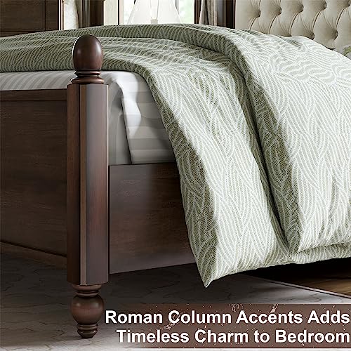 Walnut Queen Size Solid Bed Frame with Upholstered Tufted Headboard H140