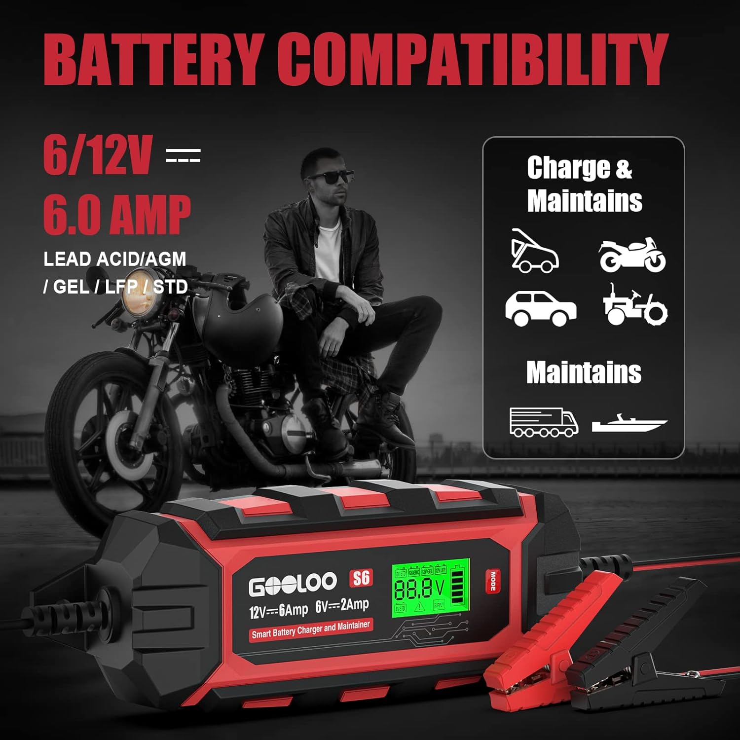 6 Amp 6V 12V Battery Charger Maintainer for Lead-Acid Battery Up to 150Ah LCD Display Pack of 2 V3489