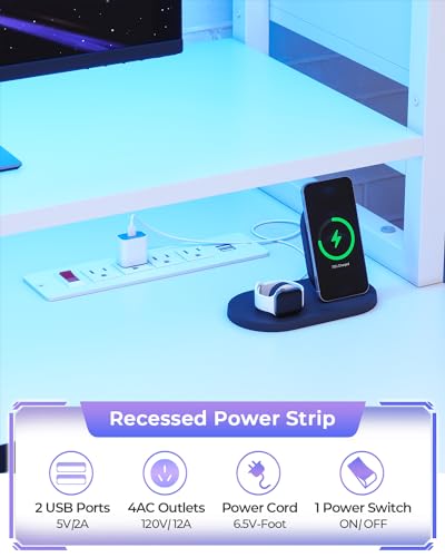 White 74.8'' Gaming Desk with LED Lights, Hutch and Storage Shelves I927581