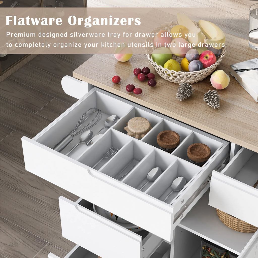 Rolling Kitchen Island with Storage, Rubber Wood Mobile Kitchen Cart with Lockable Wheels, Drawers, Shelves Q9277