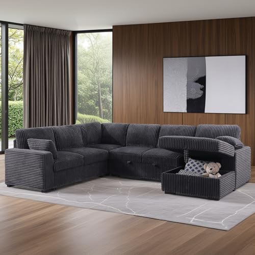 L-Shaped Chenille Sleeper Sectional Sofa with Storage Chaise F17508