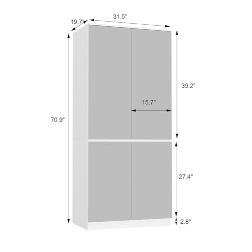White 4 Door Mirrored Wardrobe Closet with Hanging Rod D38068