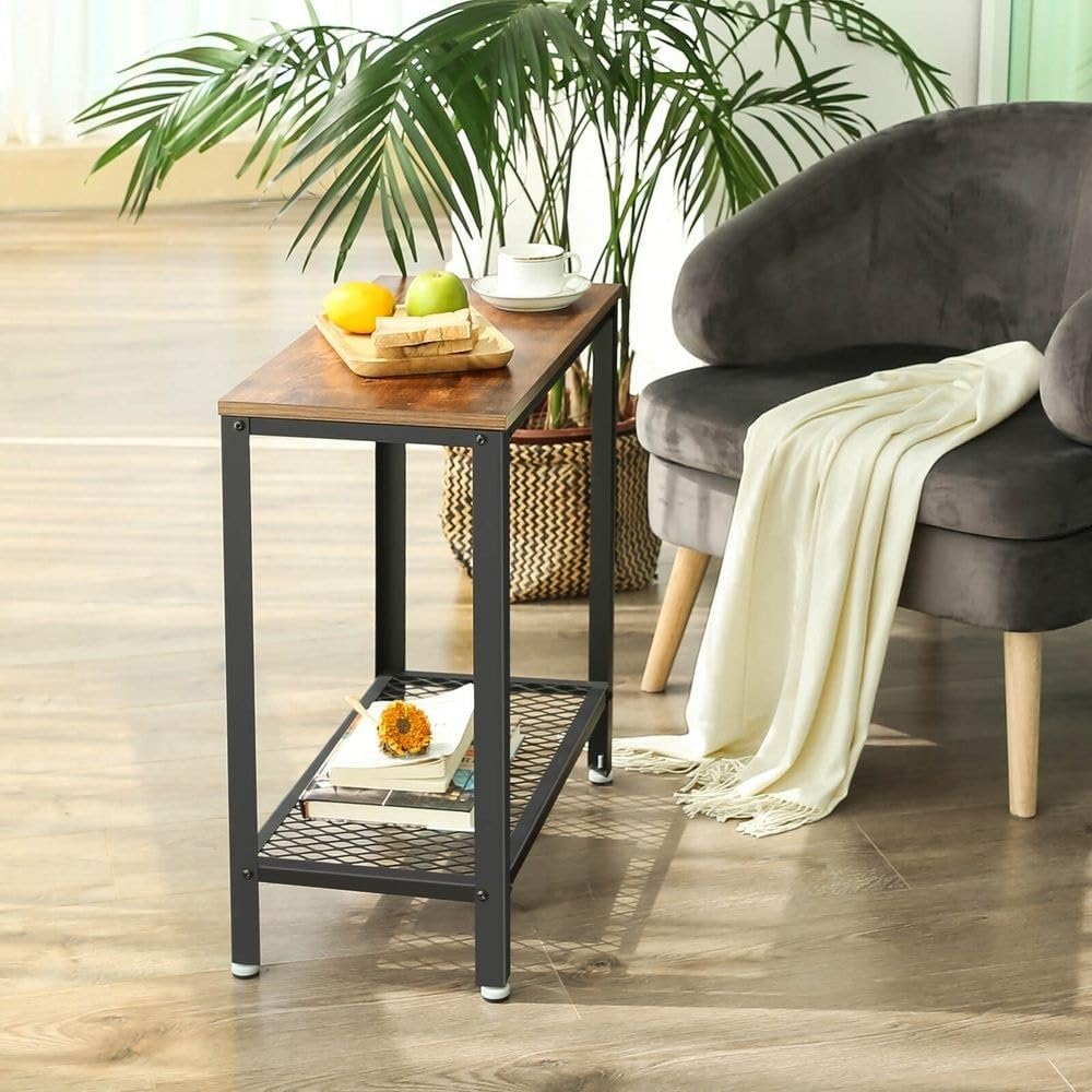 Industrial Rustic Brown Side Table with Mesh Shelf J51289