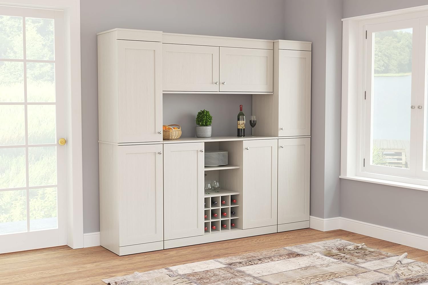 4-Piece Buffet Storage System with 2 Tall/Slim Cabinets, Washed Oak U577221