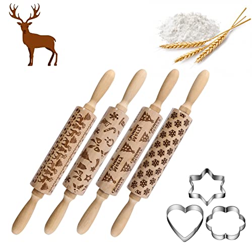 4Pack Christmas Wooden 3D Rolling Pins Embossed L410512