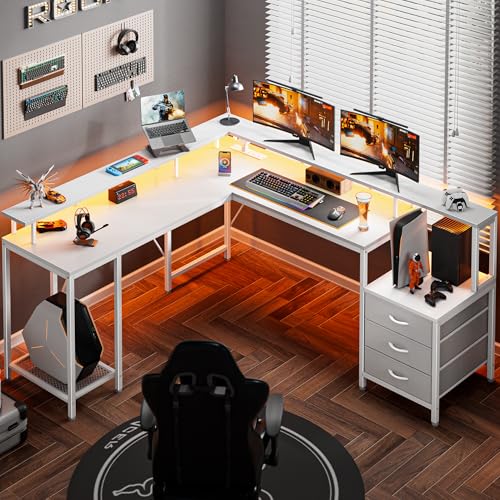 Rustic Brown L Shaped Gaming Desk with LED Lights and Power Outlets Q655