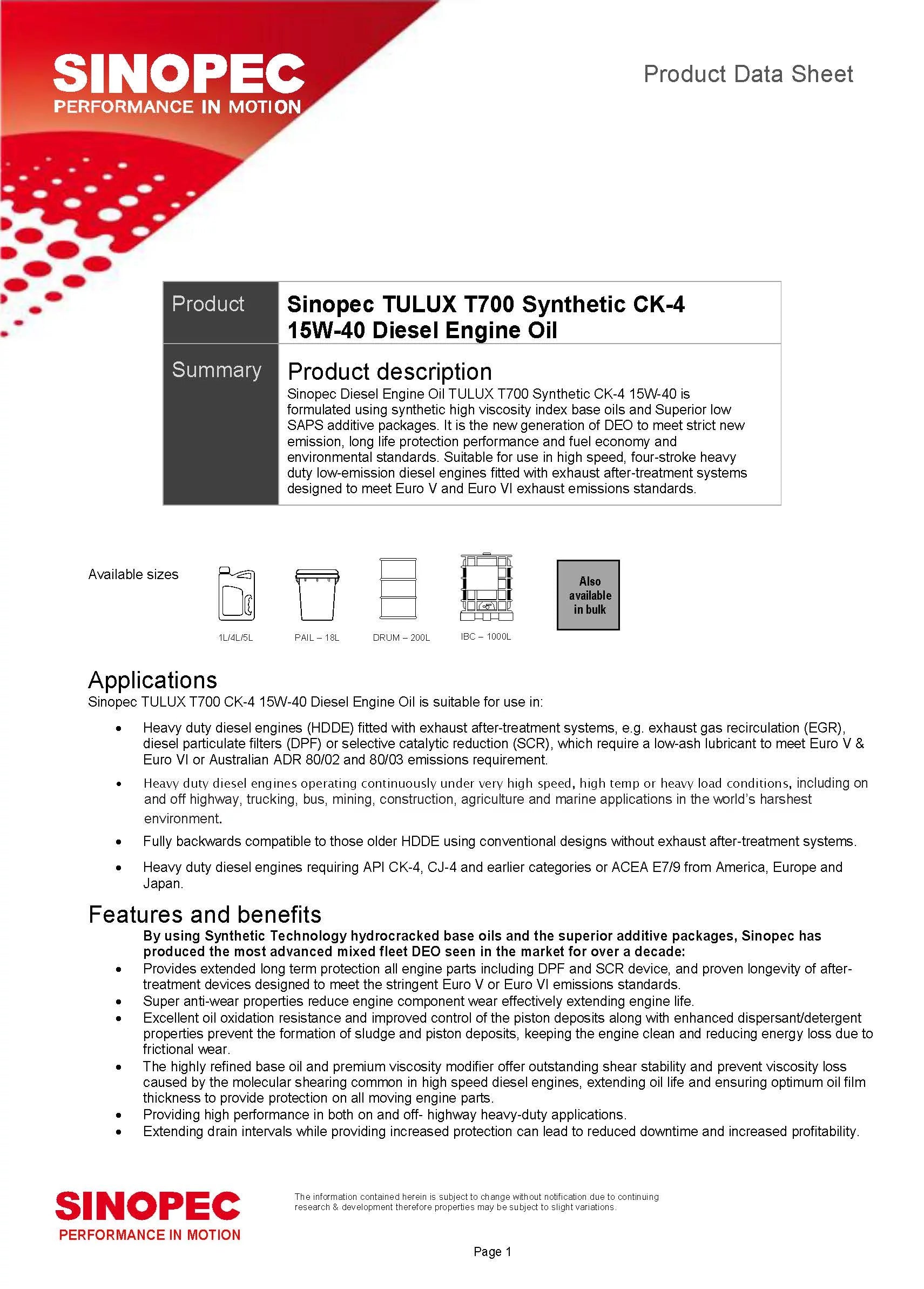 15W40 Synthetic Diesel Engine Oil - 5 Gallon Pail Z945573