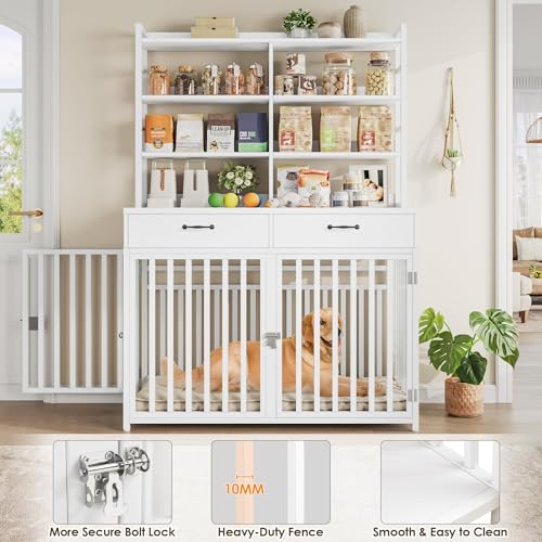 Black Wood & Metal Large Dog Crate Furniture with 4-Tier Shelves and 2 Storage Drawers B462