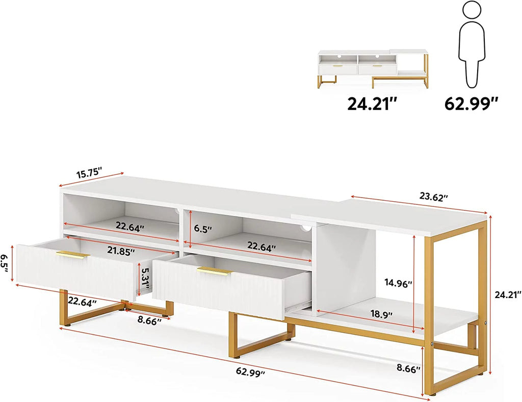 White and Gold TV Stand with 2 Drawers and Open Shelves I172234