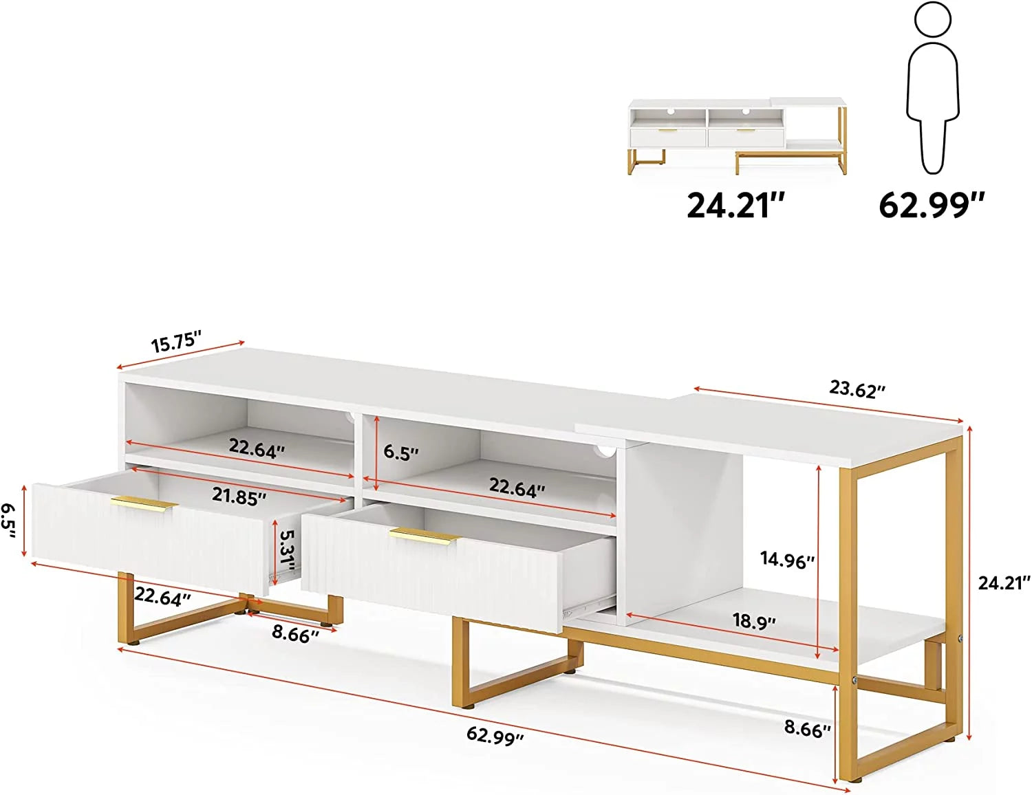 White and Gold TV Stand with 2 Drawers and Open Shelves I172234