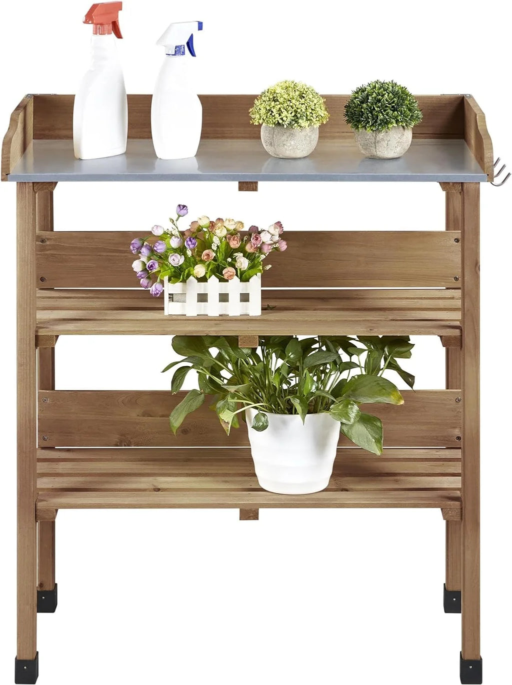 Brown Wooden Potting Bench with Metal Tabletop and Storage Shelf C4281